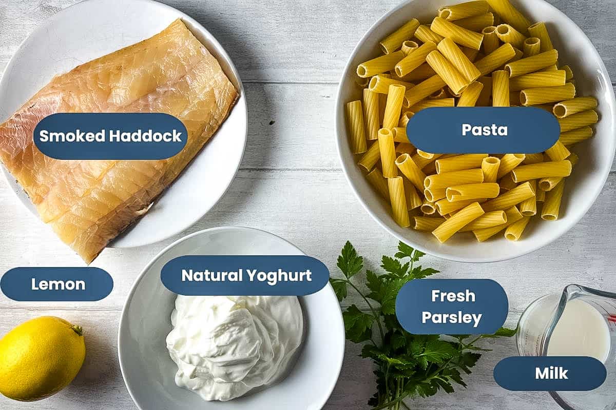 labelled ingredients for smoked haddock pasta