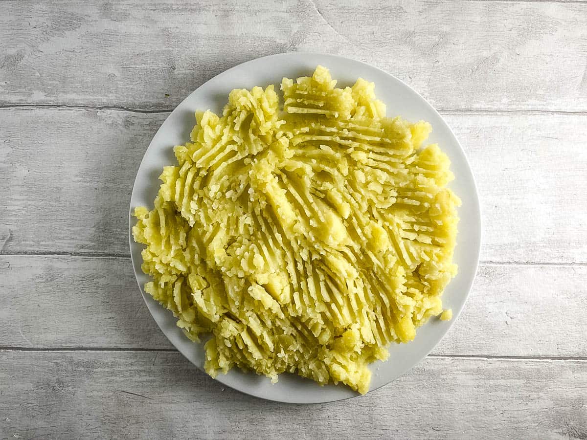 mashed potato spread out on a plate.