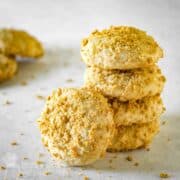 banana cookies stacked on a table.
