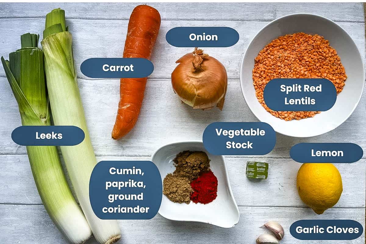 lavelled ingredients leeks, carrot, onion, split red lentils, vegetable stock, lemon, garlic cloves, cumin, paprika, ground coriander.