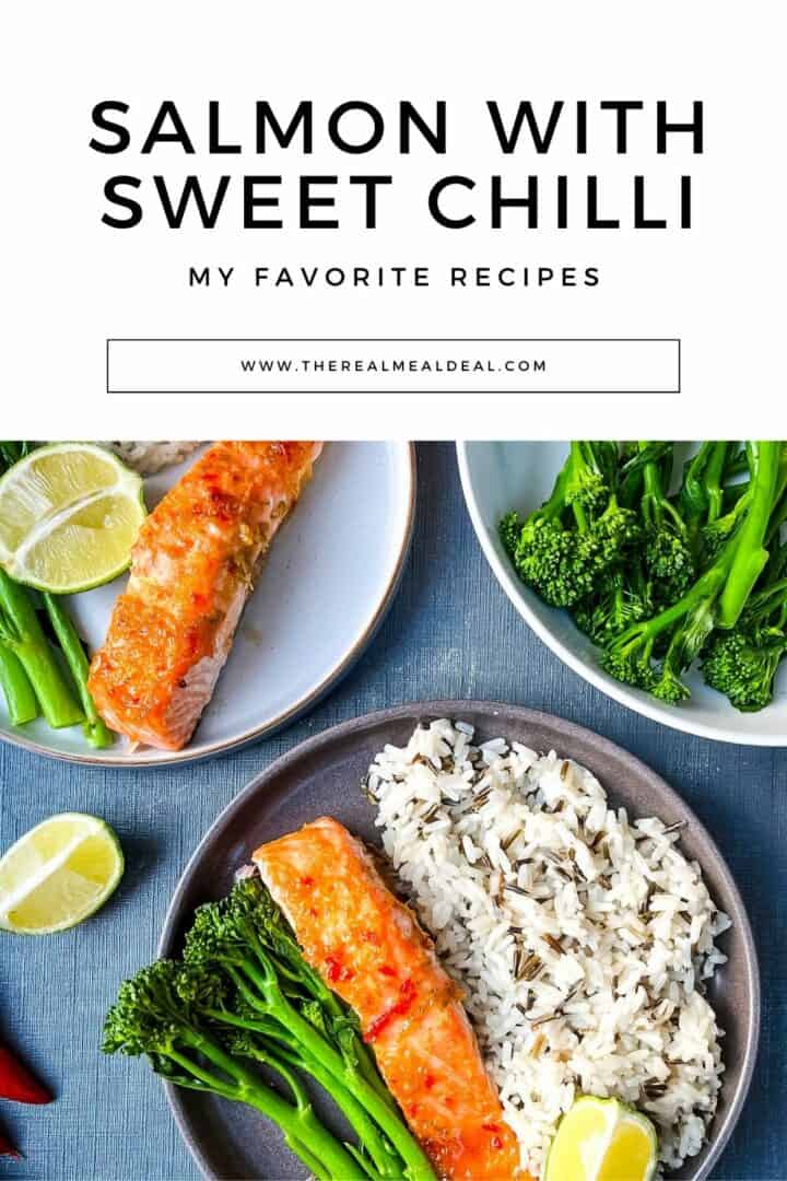 baked salmon fillet served with wild rice and broccoli.