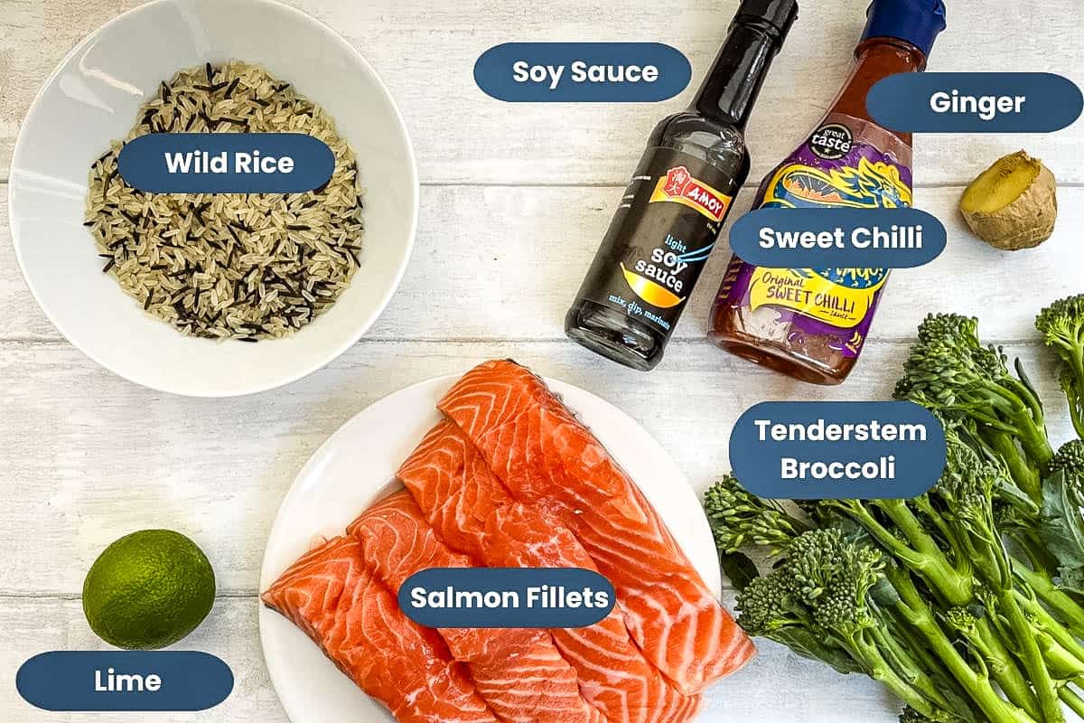 labelled ingredients for baked thai salmon.