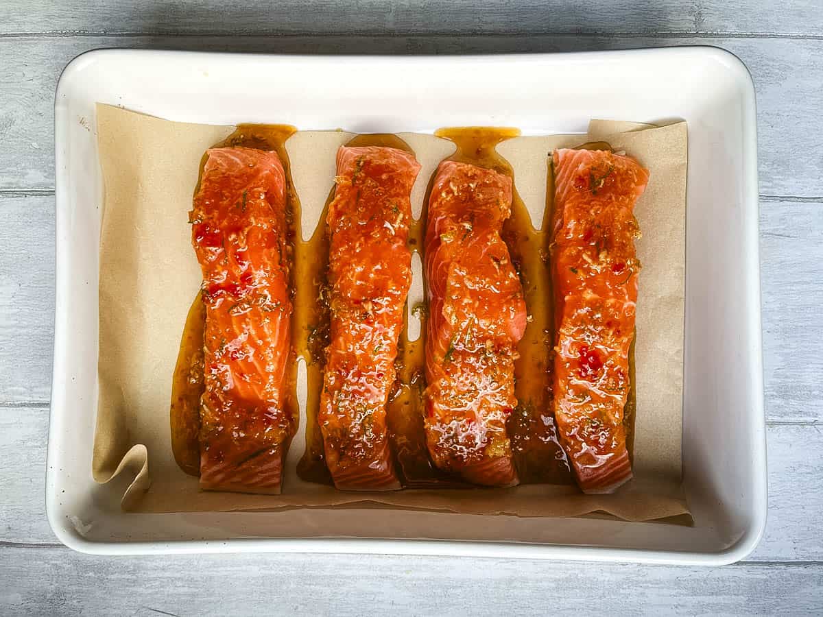 salmon fillets coated in sweet chilli marinade.