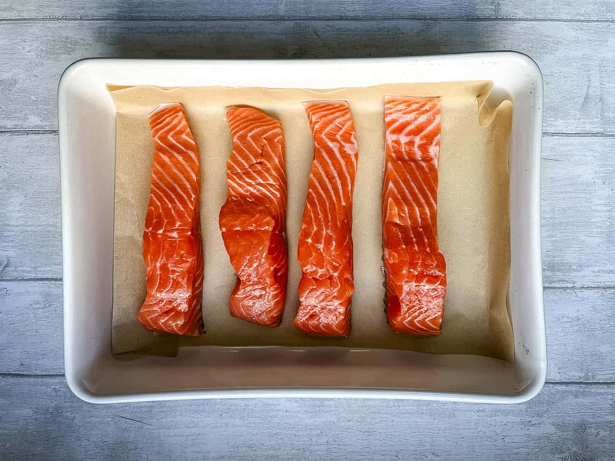 salmon fillets in oven proof dish.