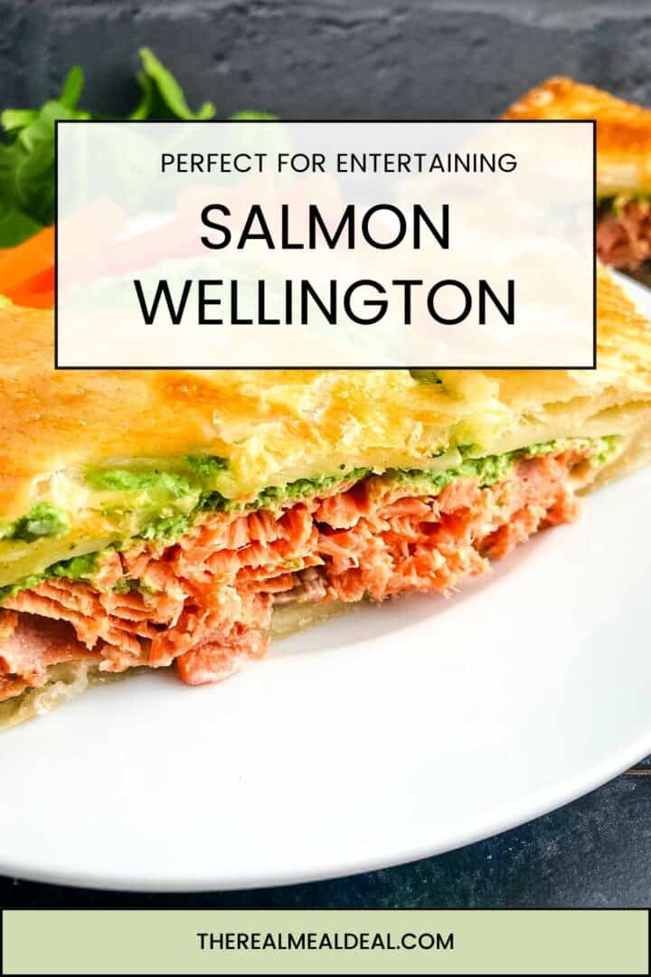 salmon wellington sliced on plate