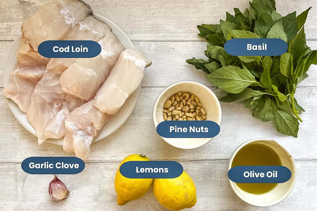 labelled ingredients for tray baked cod loin with pesto