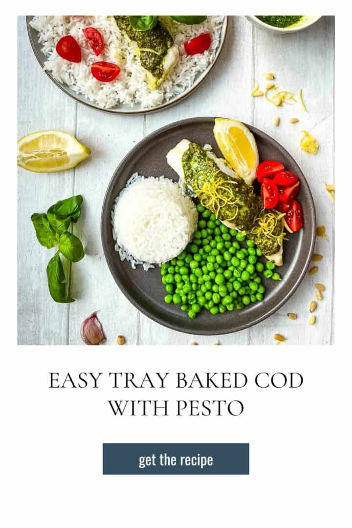 plate with baked cod and pesto served with rice.