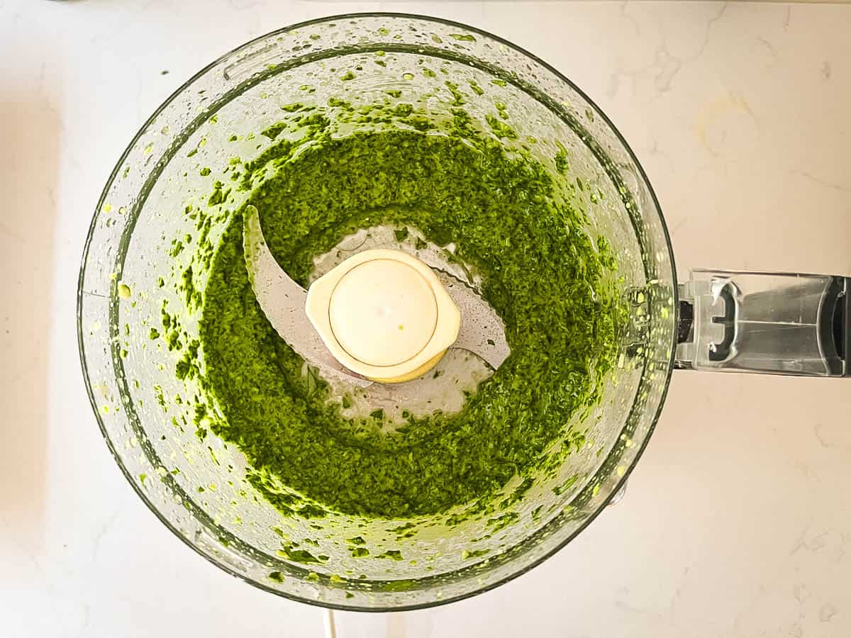 basil pesto in blender.