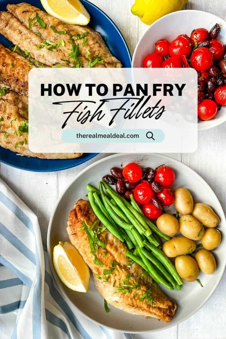 pan-fried sea bream with green beans, tomatoes and potatoes on a plate.