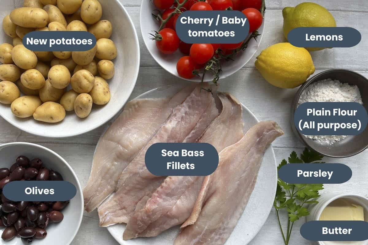 ingredients for pan frying sea bream with mediterranean vegetables
