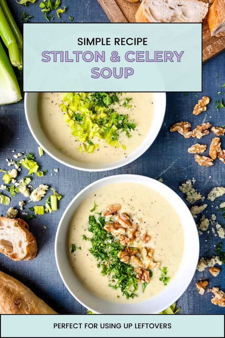 two bowls of stilton and celery soup topped with fresh herbs and walnuts