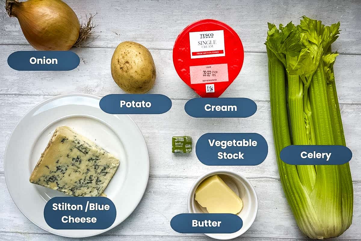 ingredients for stilton and celery soup, onion, potato, cream, celery, stilton, vegetable stock, butter.