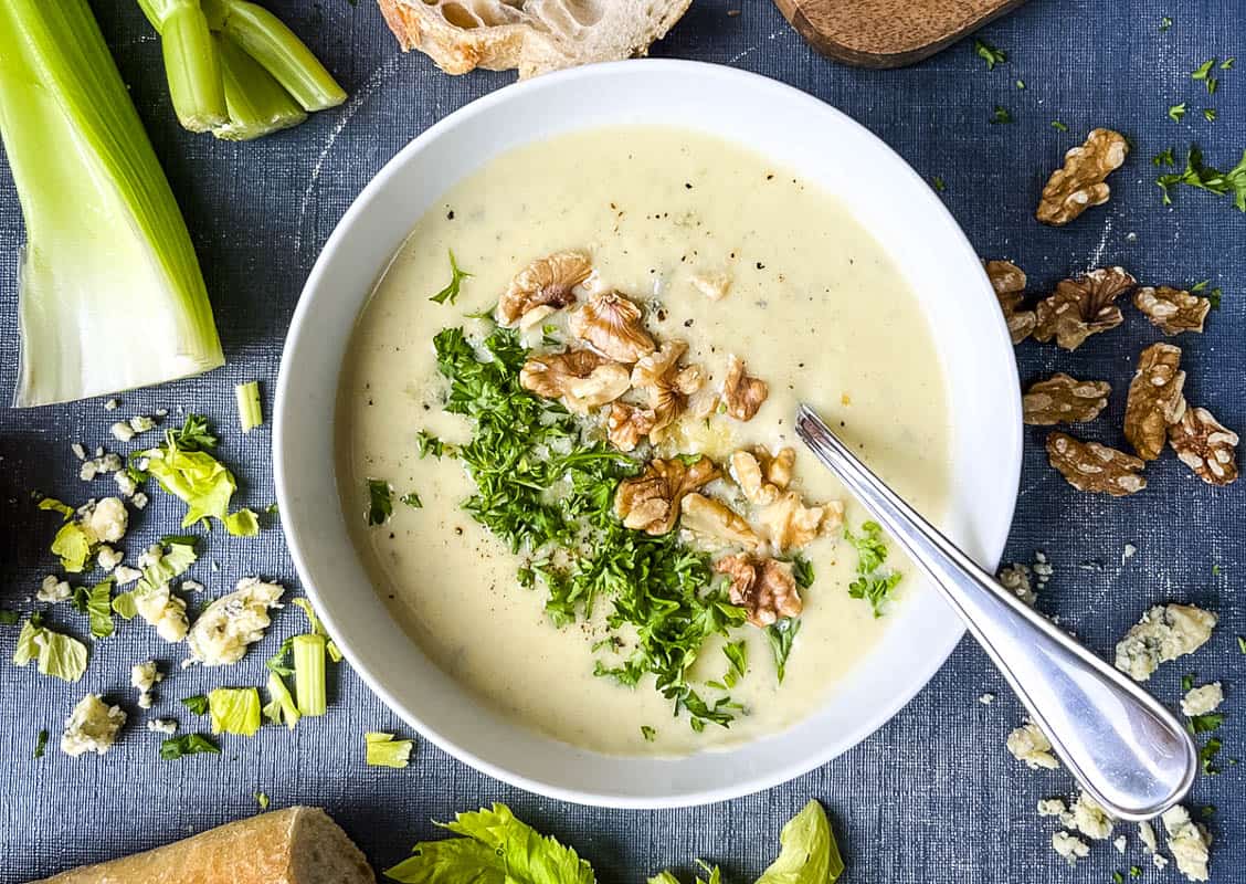 stilton and celery soup served with chopped walnuts.
