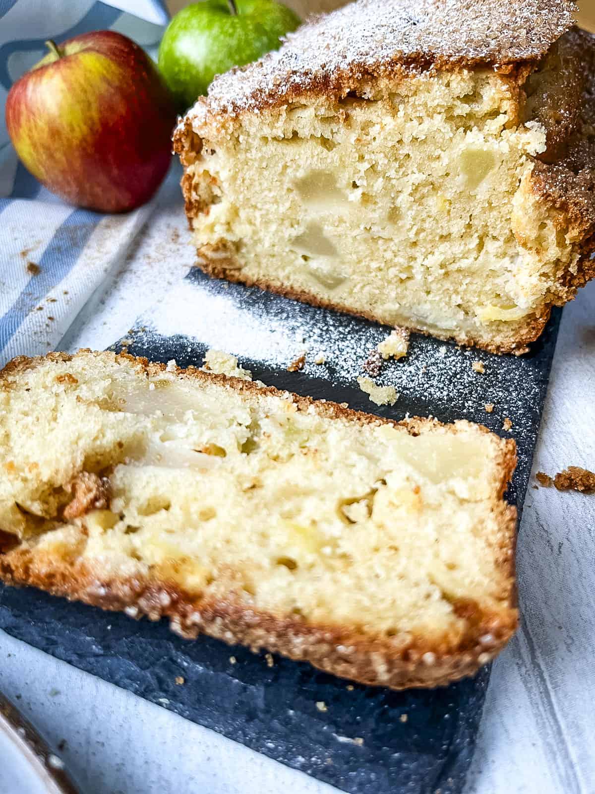 sliced apple and pear cake showing inside.