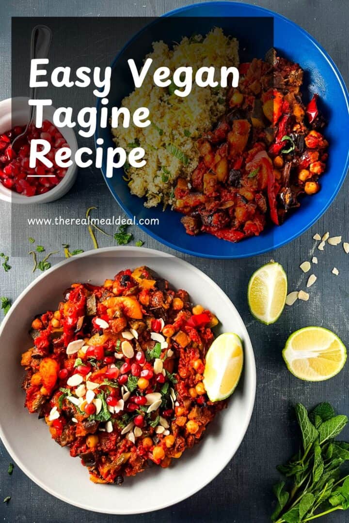 two bowls of aubergine tagine served with lemon couscous