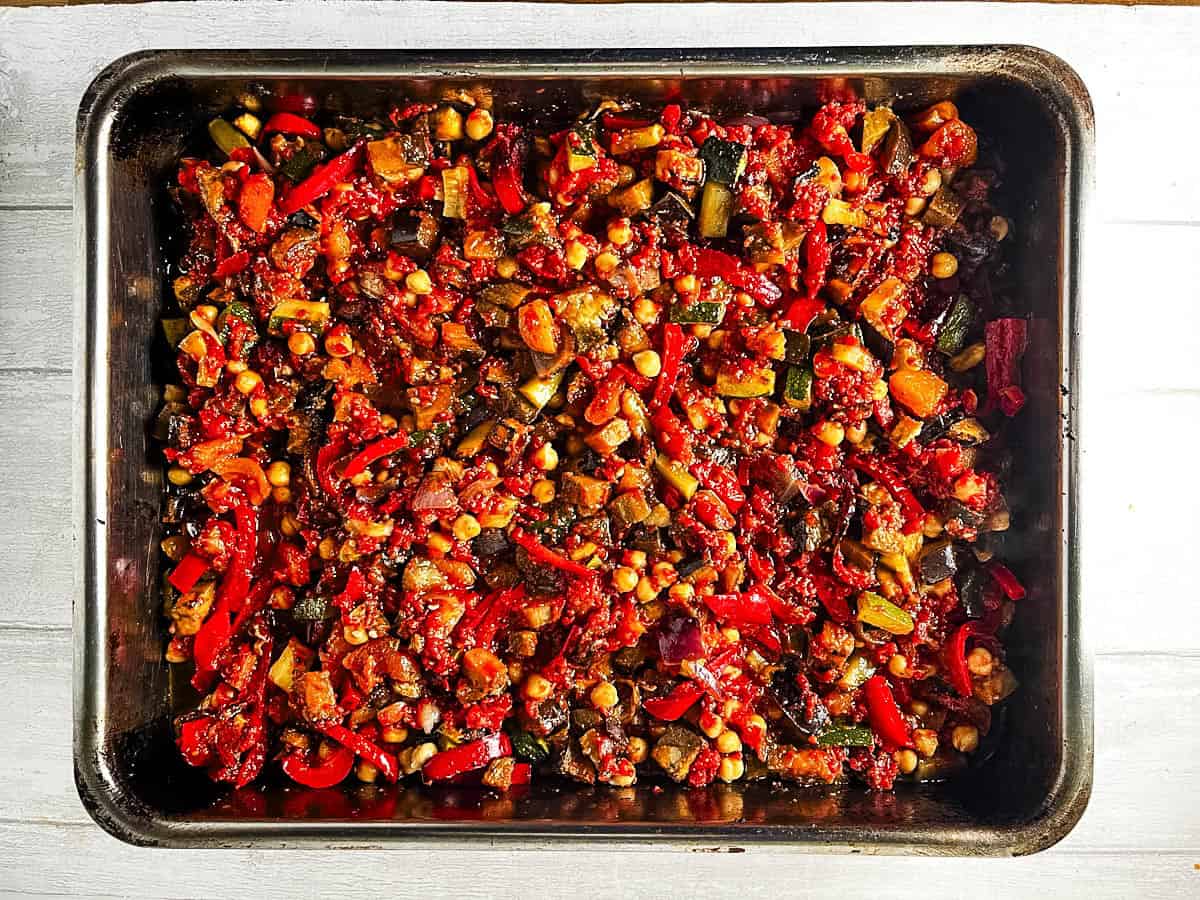 aubergine tagine in toasting tray.