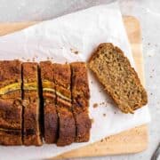 banana bread sliced on a board