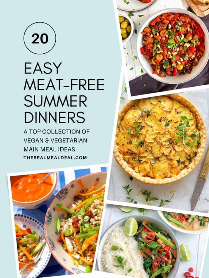 collage of meat-free summer dinner recipes.