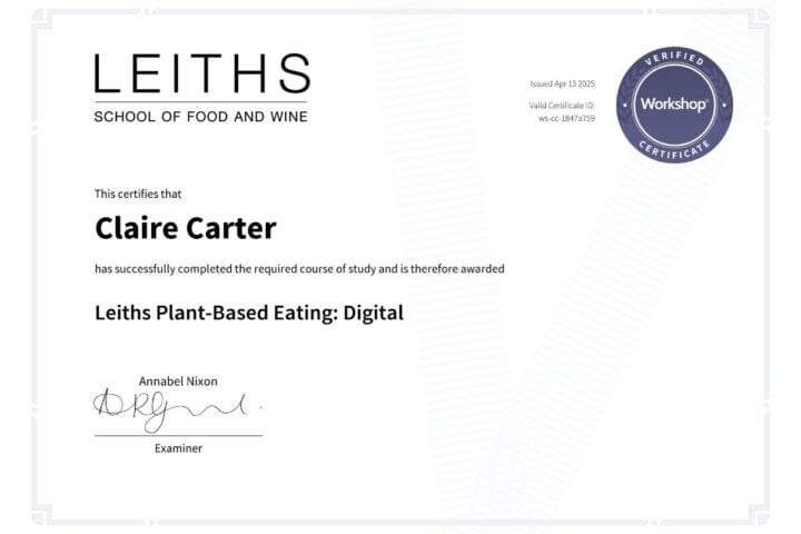 certificate from leiths school of food and wine certifying completion of plant-based cookery course.