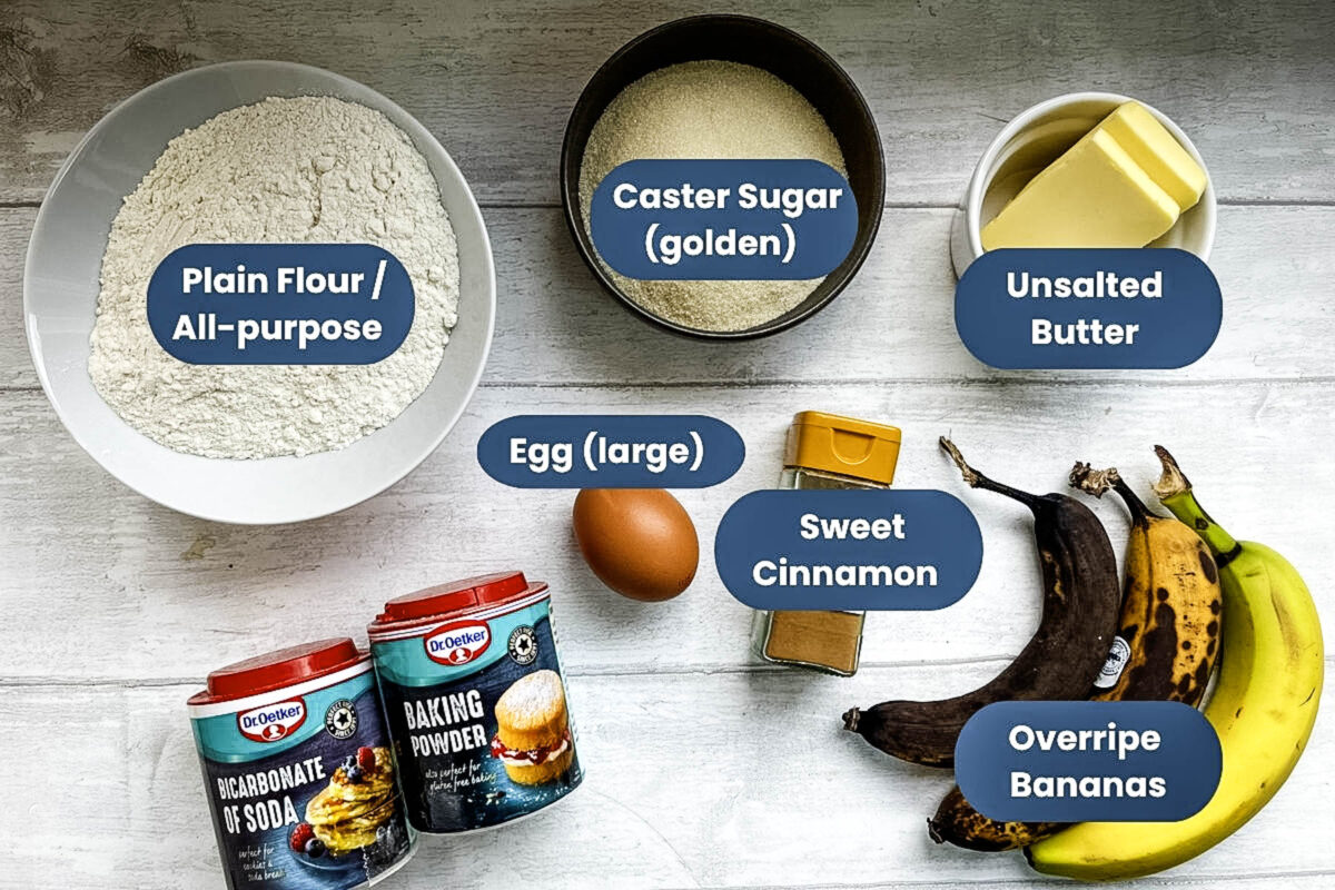 ingredients for banana and cinnamon muffins plain flour, caster sugar, butter, egg, bananas, cinnamon bicarb soda, baking powder.