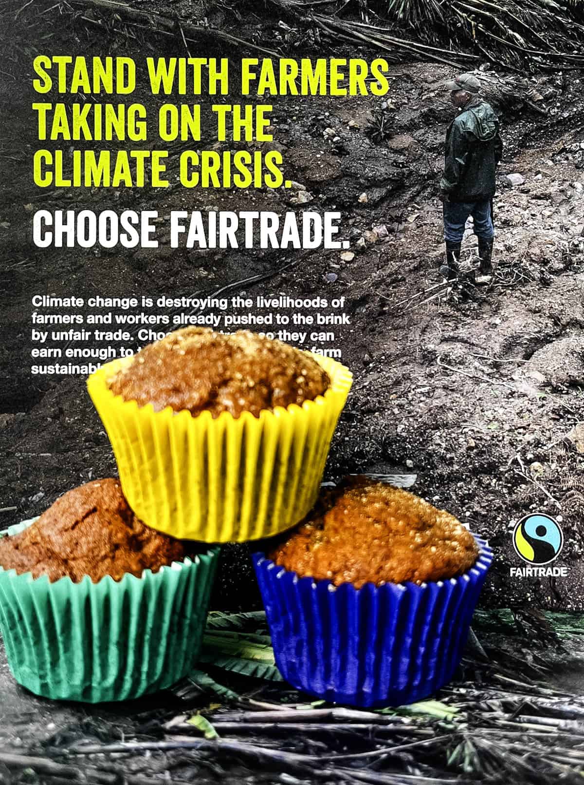 banana and cinnamon muffins stacked against fairtrade poster