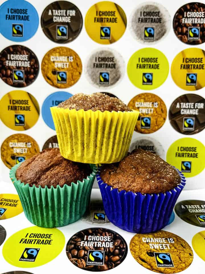 banana and cinnamon muffins against a fairtrade logo background.
