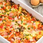 ham and egg breakfast casserole in dish ideal for using up leftover ham