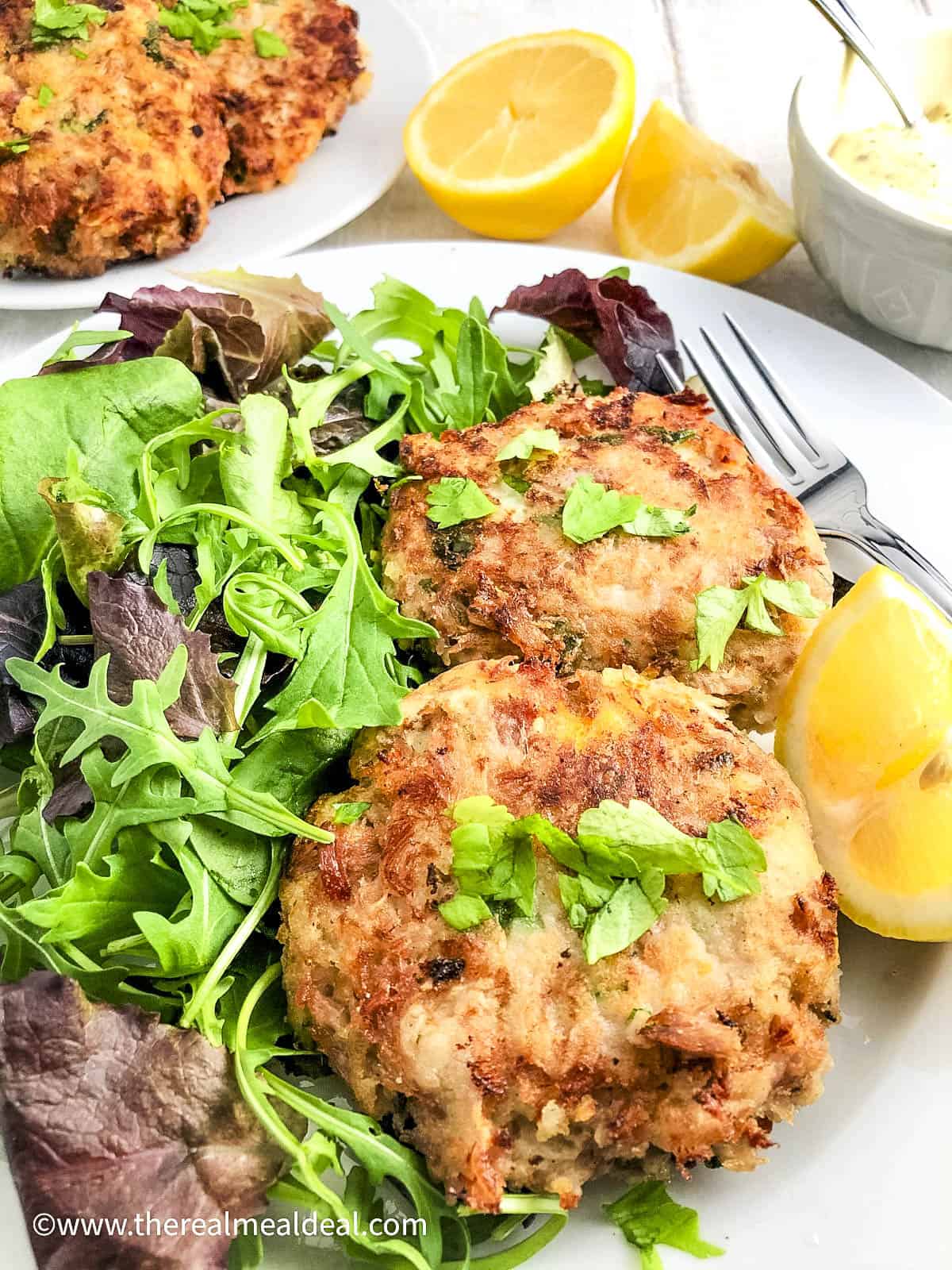 tuna fishcakes or patties served with green salad.