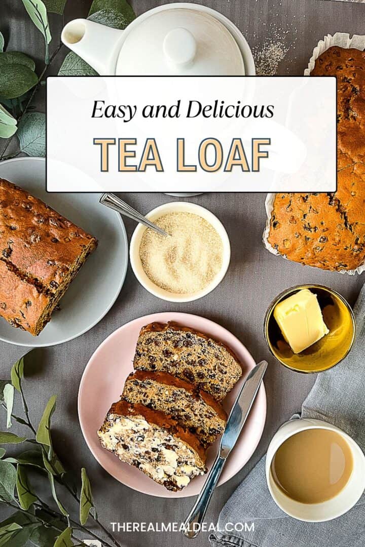 tea loaf made with dried mixed fruit served with butter.