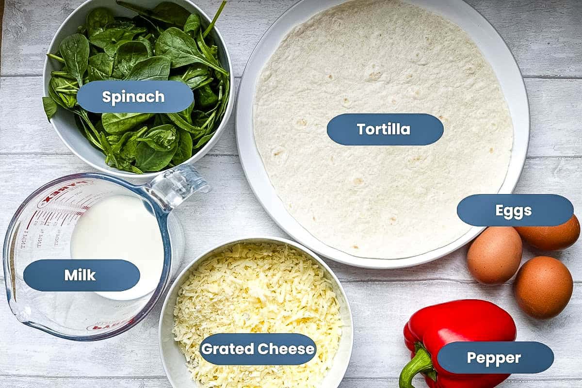 ingredients to make tortilla quiche, milk, cheese, tortilla wrap, spinach, eggs, pepper.
