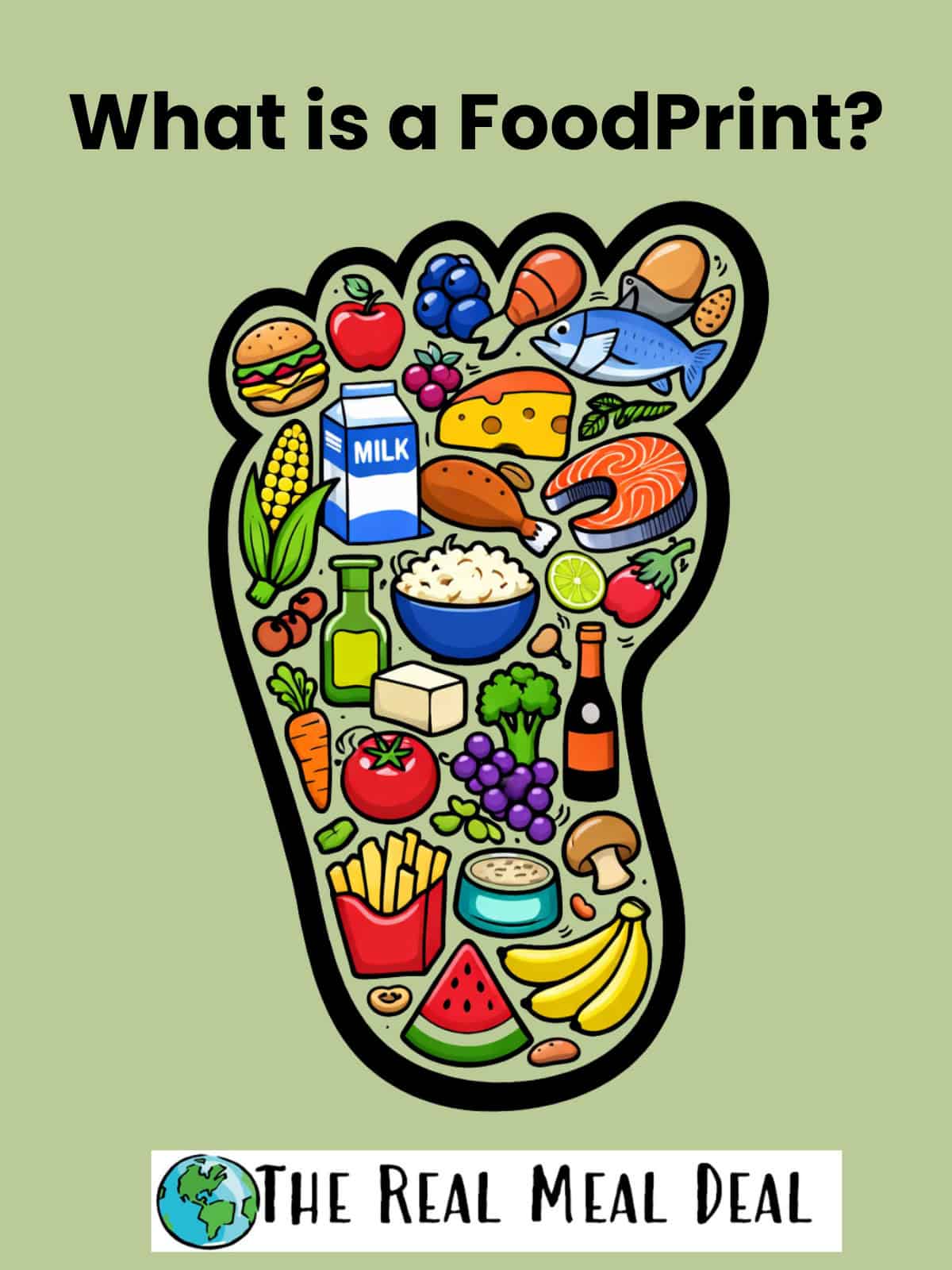 cartoon foot filled with cartoon images of food to illustrate what is a foodprint