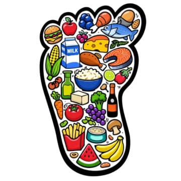 cartoon image of a foot filled with pictures of foods to explain the idea of what a foodprint is.