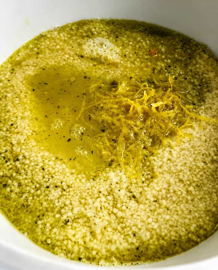 couscous in bowl as side accompaniment to leftover lamb tagine.