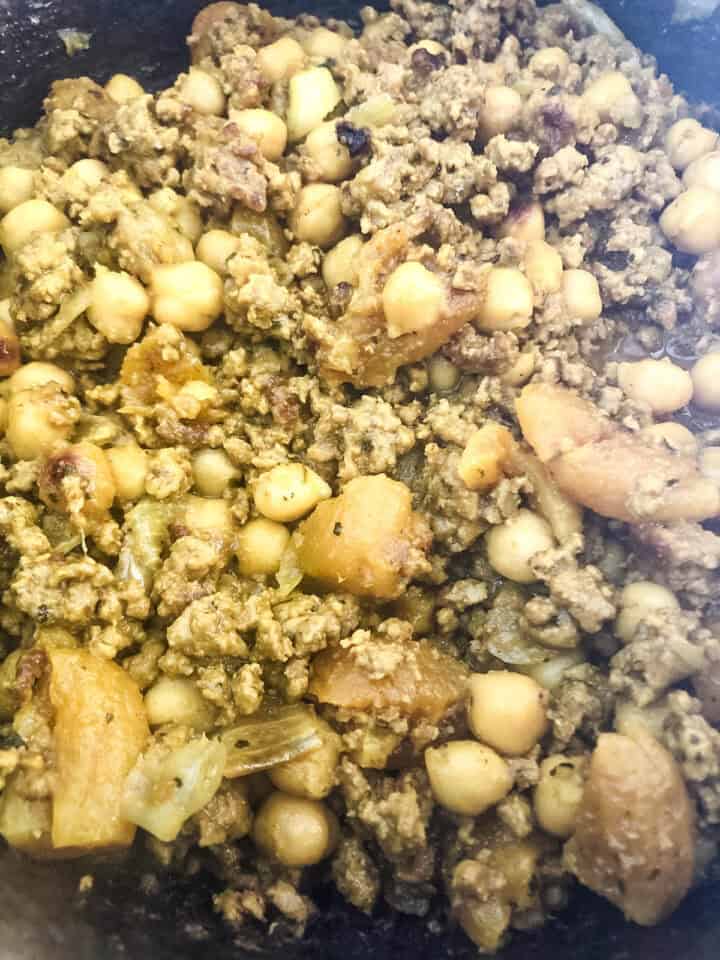 chickpeas and dried apricots added to lamb mince.