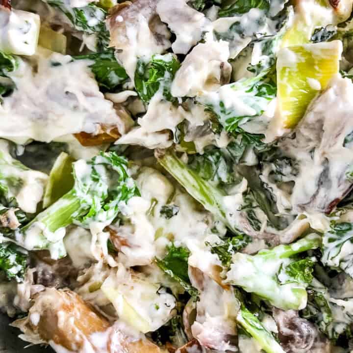 flaked smoked mackerel mixed with leeks and kale.