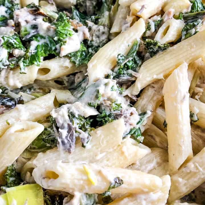 penne pasta mixed with smoked mackerel, leeks and kale.
