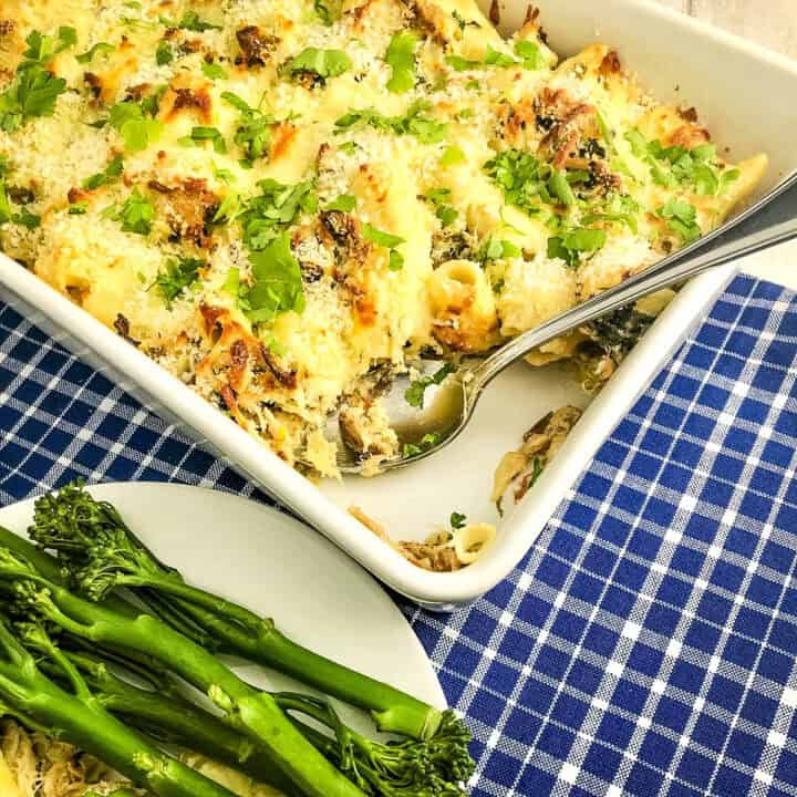 smoked mackerel pasta baked and served with tenderstem broccoli.