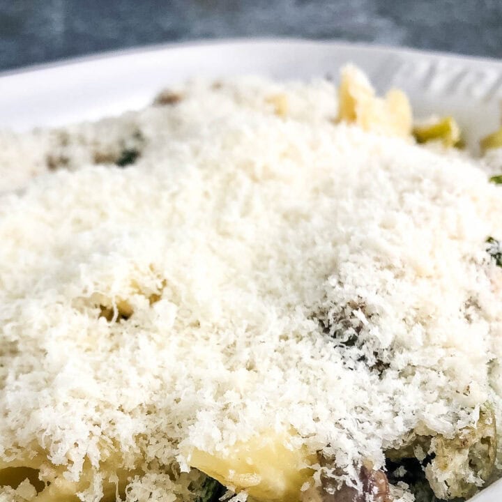 smoked mackerel pasta bake topped with cheese.