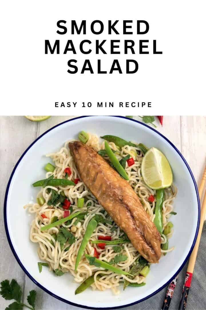 smoked mackerel salad with cold mackerel fillet served with noodles, crunchy vegetables and lime.