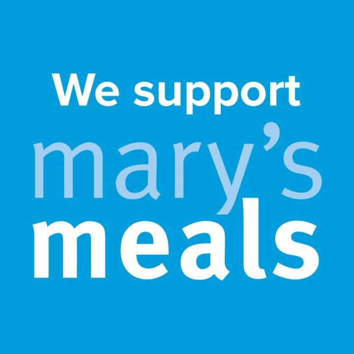 Mary's Meals official logo with text we support mary's meals