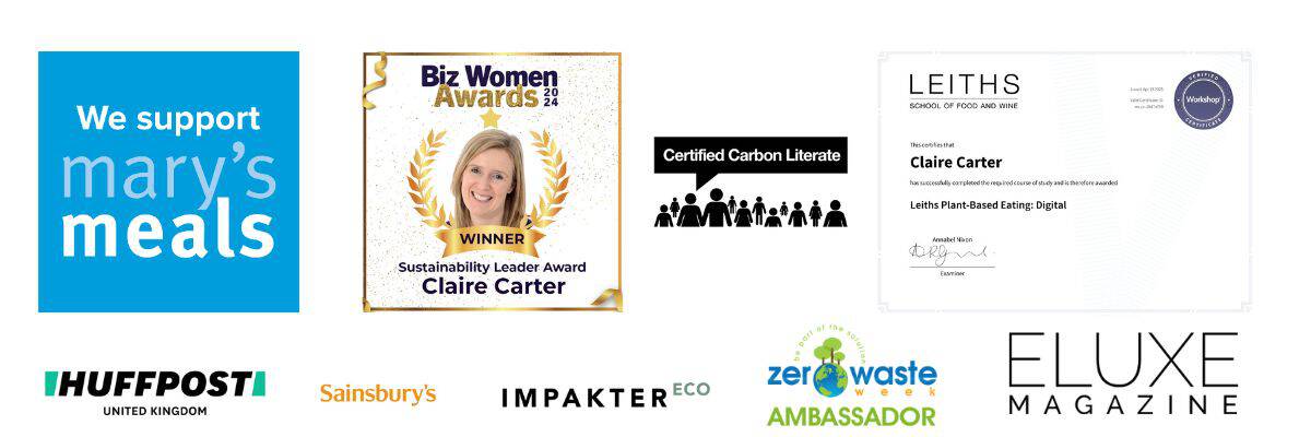 image showing awards plus media featured in including Biz Women Award, Huggington Post, Sainsburys magazine, Eluxe magazine, Eco Impakter and Leiths cookery school qualification.