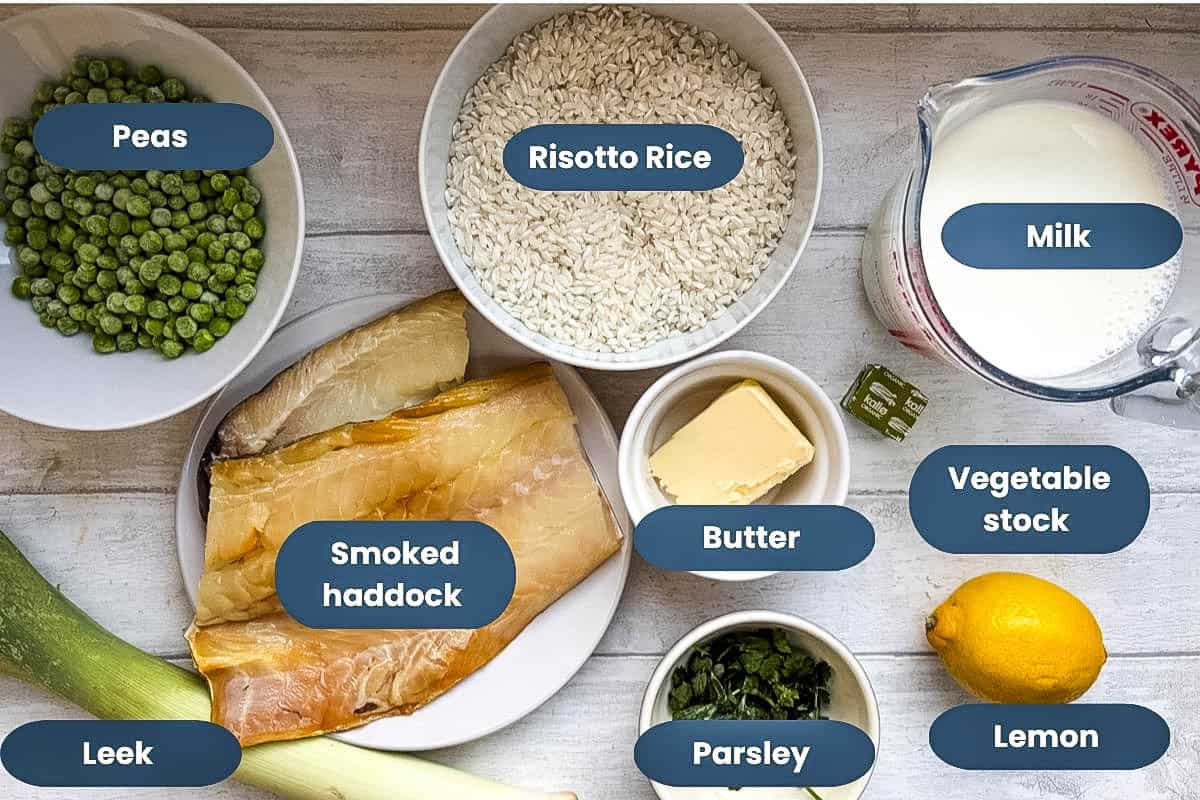 smoked haddock risotto ingredients, peas, risotto rice, milk, leek, smoked haddock, butter, vegetable stock, parsley, lemon.